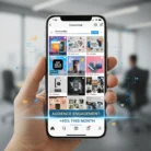 A hand holds a smartphone showing the "CreativeHub" Instagram with a vibrant grid. Text reads, “AUDIENCE ENGAGEMENT: +45% THIS MONTH.” The blurred office background highlights Social Media Marketing Workshops in action.
