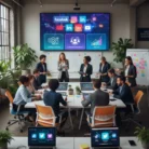 A diverse team in business attire attends a Social Media Marketing Workshops meeting. Large screens display social media logos, graphs, and concepts; laptops show icons. Whiteboards and plants decorate the modern office space.