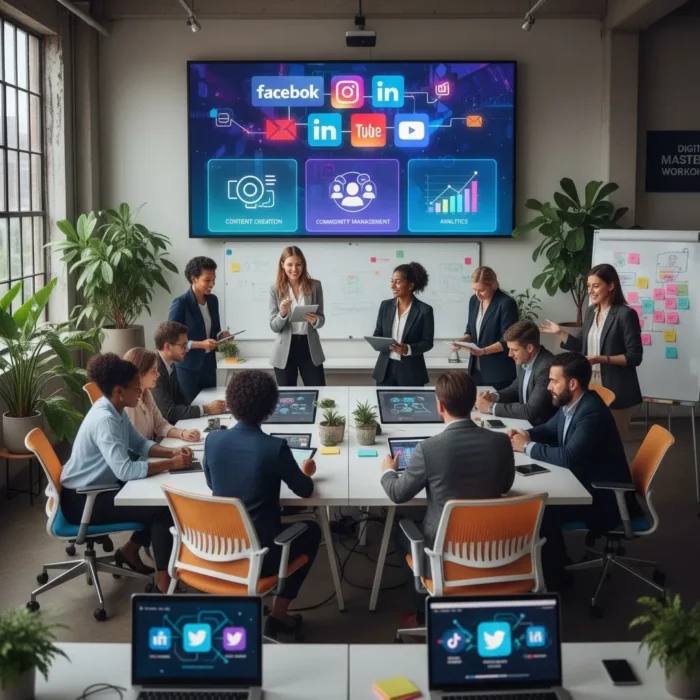 A diverse team in business attire attends a Social Media Marketing Workshops meeting. Large screens display social media logos, graphs, and concepts; laptops show icons. Whiteboards and plants decorate the modern office space. A diverse team in business attire attends a Social Media Marketing Workshops meeting. Large screens display social media logos, graphs, and concepts; laptops show icons. Whiteboards and plants decorate the modern office space.