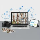 The Stock Photo Curation laptop displays a group video call, accompanied by a camera, printed photos for curation, and a tablet with charts. Blue digital icons in the background represent communication features.