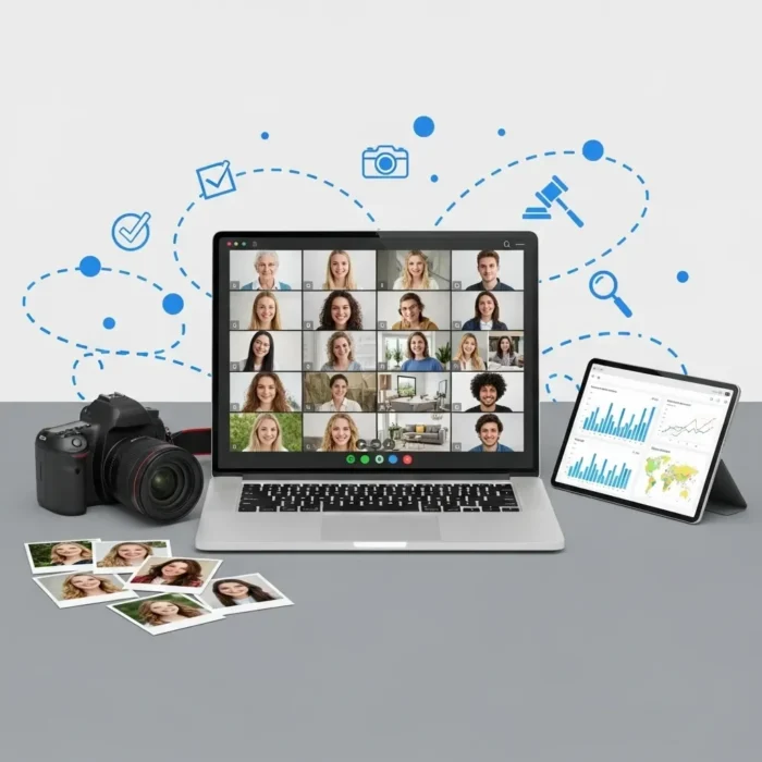 The Stock Photo Curation laptop displays a group video call, accompanied by a camera, printed photos for curation, and a tablet with charts. Blue digital icons in the background represent communication features.