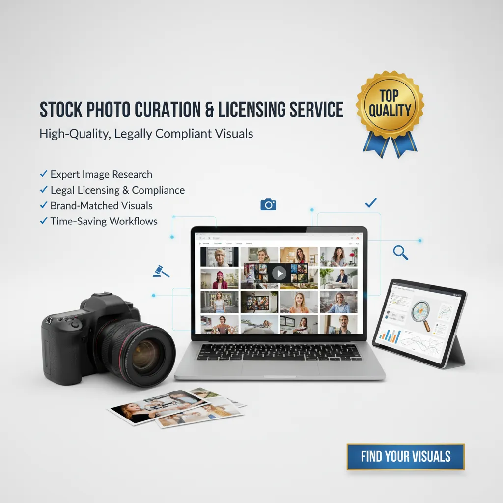 A camera, printed photos, and a laptop with a photo gallery showcase Stock Photo Curation’s expert curation and licensing. Service benefits appear next to a "Top Quality" badge and a "Find Your Visuals" button.