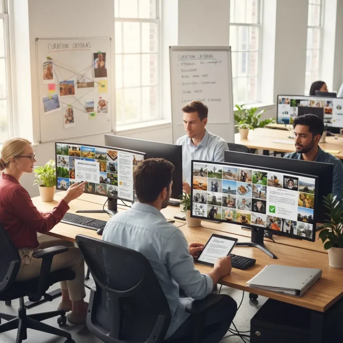 Four people collaborate on Stock Photo Curation, discussing images displayed on large monitors in a bright office with windows, plants, whiteboards filled with notes, laptops, and notebooks.