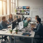 In a bright office, four professionals work at desks with large monitors. A woman gestures as she speaks, while wall screens show video calls and charts—making this image perfect for Stock Photo Curation needs.