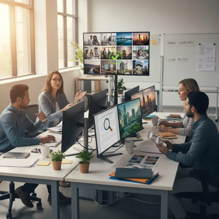 In a bright office, four professionals work at desks with large monitors. A woman gestures as she speaks, while wall screens show video calls and charts—making this image perfect for Stock Photo Curation needs.