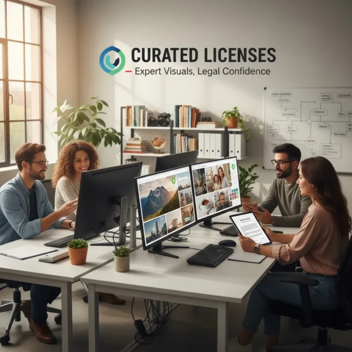 Four people collaborate on Stock Photo Curation in a bright office, with computers showing stock images. The wall displays the logo: "CURATED LICENSES - Expert Visuals, Legal Confidence." Bookshelves and diagrams complete the scene.