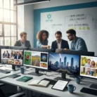 Four professionals use Stock Photo Curation in a modern office, collaborating with a tablet and monitors showing stock images of landscapes, food, cityscapes, and families. The tidy workspace has brand guidelines, coffee mugs, and documents.