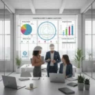 Three professionals discuss data in a modern office. Behind them, a large screen displays marketing budget charts: a pie chart, concentric ring diagram, bar chart, and line graph. Laptops, plants, and large windows with city views complete the workspace.