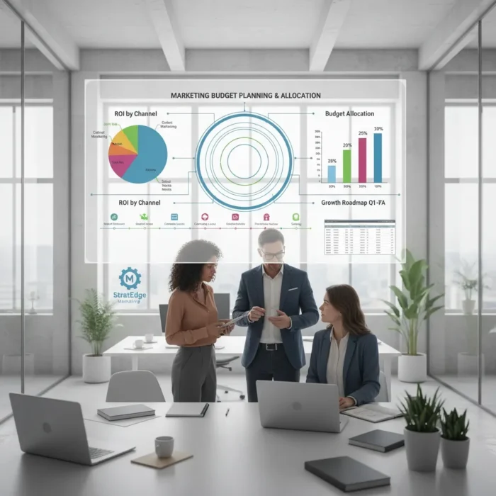 Three professionals discuss data in a modern office. Behind them, a large screen displays marketing budget charts: a pie chart, concentric ring diagram, bar chart, and line graph. Laptops, plants, and large windows with city views complete the workspace.