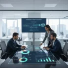 Three business professionals in formal attire discuss marketing data in a modern office. A large digital table displays interactive charts and graphs, while a screen behind them shows a "Marketing Growth Roadmap." Cityscape is visible through large windows.