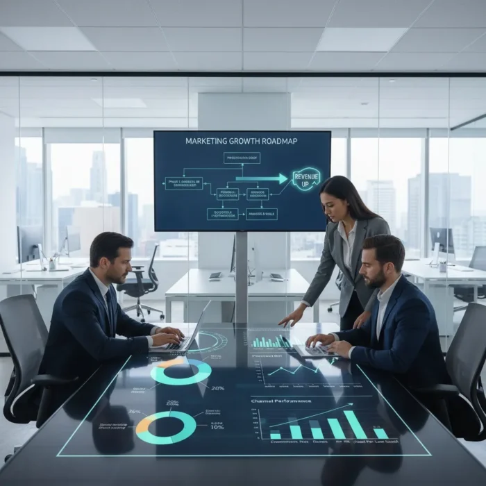 Three business professionals in formal attire discuss marketing data in a modern office. A large digital table displays interactive charts and graphs, while a screen behind them shows a "Marketing Growth Roadmap." Cityscape is visible through large windows.
