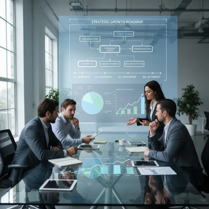 Four business professionals sit around a glass table in a modern office, discussing documents and a digital graph. A woman stands, pointing to a futuristic screen displaying a “Strategic Growth Roadmap” flowchart and charts, while the others listen attentively.
