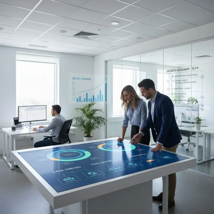 Two professionals interact with a large digital touchscreen table displaying data charts in a modern office. Another person works at a desk with a computer in the background. Glass walls show charts and text, emphasizing a tech-driven, collaborative environment.