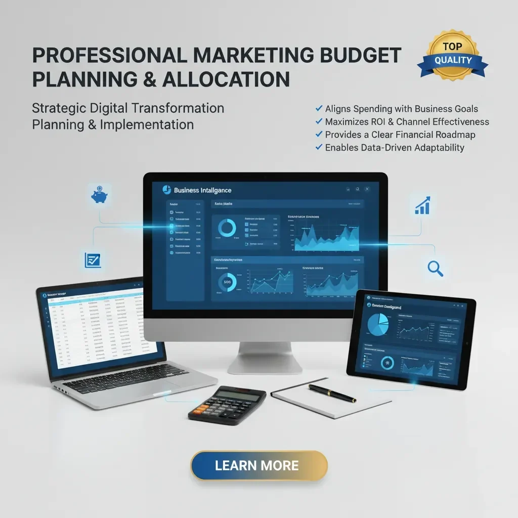 A desktop monitor, laptop, tablet, smartphone, calculator, notepad, and pen display blue analytics dashboards on a desk. Above is text: "Strategic Marketing Budget Planning & Allocation—maximize your marketing impact." A “Learn More” button appears below.