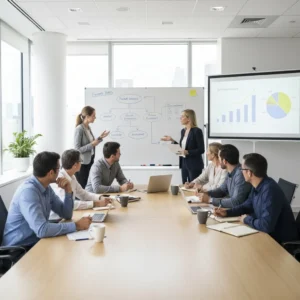 In a Strategic Planning Sessions meeting, eight professionals collaborate in a modern conference room. Two women present diagrams at a whiteboard, charts display on a screen, and six colleagues take notes with laptops and documents around the table.