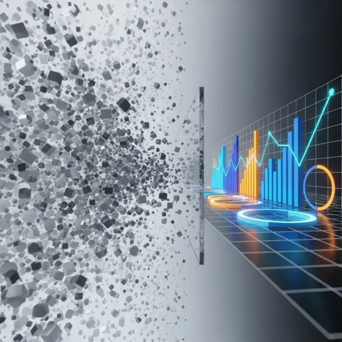A digital illustration for "Transform Raw Data into Actionable Business Intelligence" shows gray data cubes dispersing left and colorful charts, graphs, and glowing rings on a black grid to the right, symbolizing business intelligence transformation.