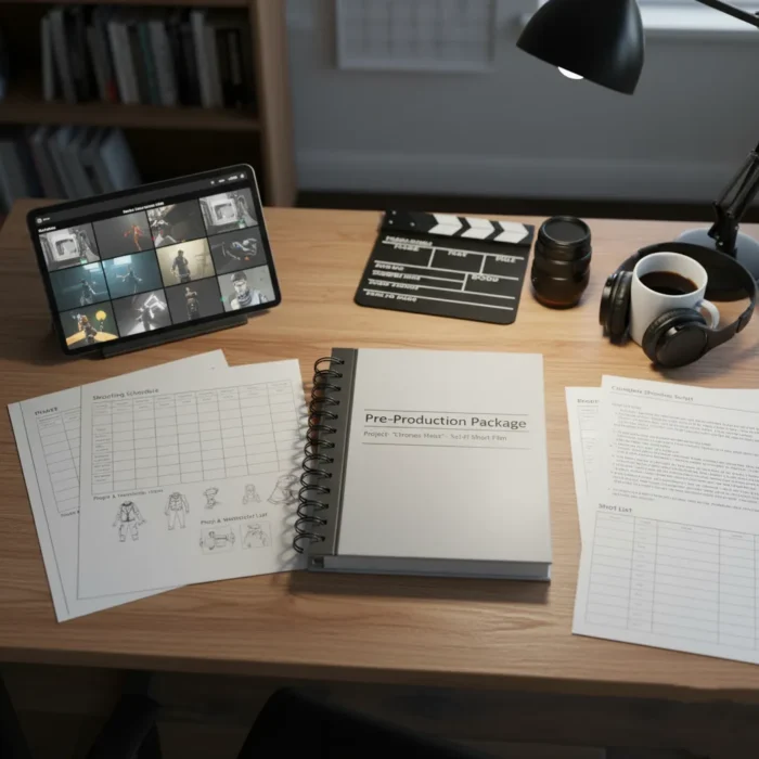 A desk features the “Video Scripting & Storyboarding” spiral-bound notebook, along with shot lists, schedules, and character sketches. A tablet, camera lens, and headphones nearby suggest active video production and story planning.