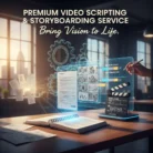 A modern office desk features an open notebook, storyboard sketches, a film clapperboard, and digital gears. Sunlight streams through large windows. Text: “Video Scripting & Storyboarding—Bring Your Vision to Life.”.
