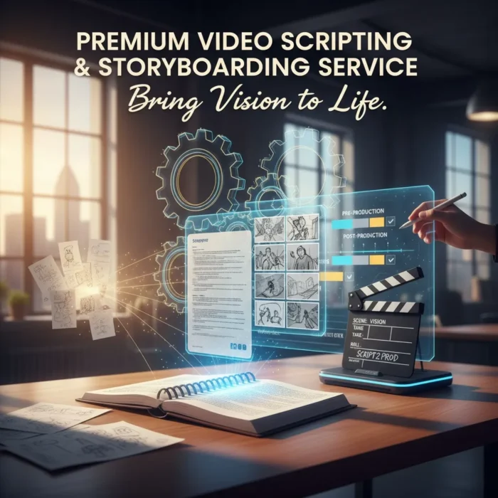 A modern office desk features an open notebook, storyboard sketches, a film clapperboard, and digital gears. Sunlight streams through large windows. Text: “Video Scripting & Storyboarding—Bring Your Vision to Life.”.