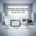 A promo image for Video Scripting & Storyboarding shows icons of a clipboard script, tablet storyboard, camera, and clapperboard with filmstrip. Text highlights expert scripting, storyboards, and seamless video production.