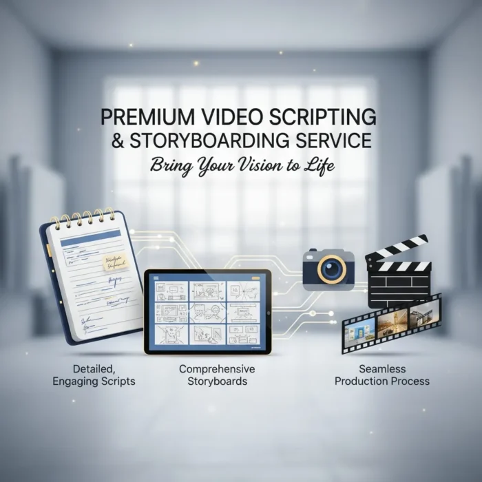 A promo image for Video Scripting & Storyboarding shows icons of a clipboard script, tablet storyboard, camera, and clapperboard with filmstrip. Text highlights expert scripting, storyboards, and seamless video production.