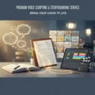 A workspace features an open notebook, clipboard with a video script draft, digital storyboard sketches, and an editing tablet. Thought bubbles highlight creative planning. Text above: "Video Scripting & Storyboarding—Bring your vision to life.