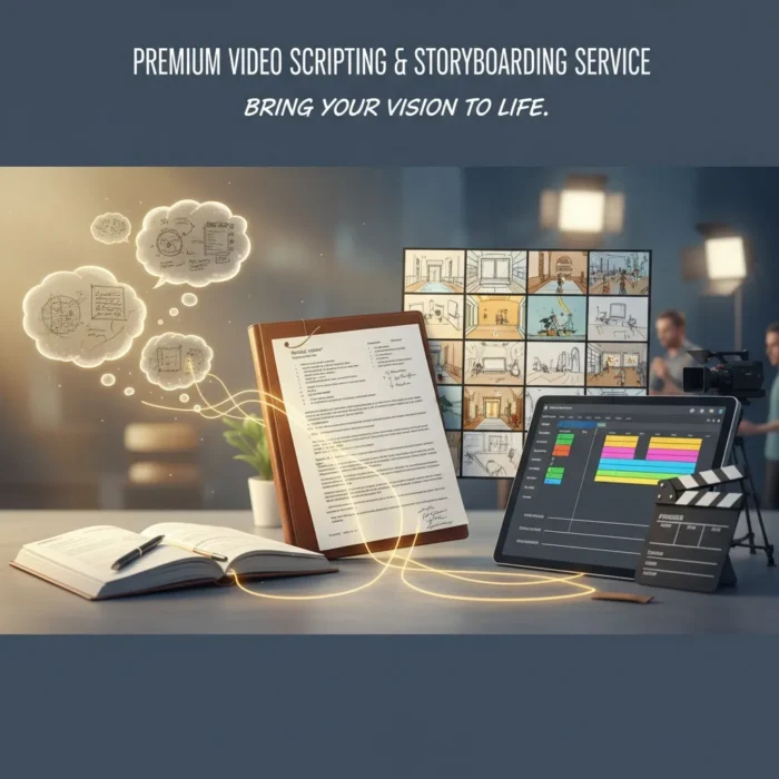 A workspace features an open notebook, clipboard with a video script draft, digital storyboard sketches, and an editing tablet. Thought bubbles highlight creative planning. Text above: "Video Scripting & Storyboarding—Bring your vision to life.