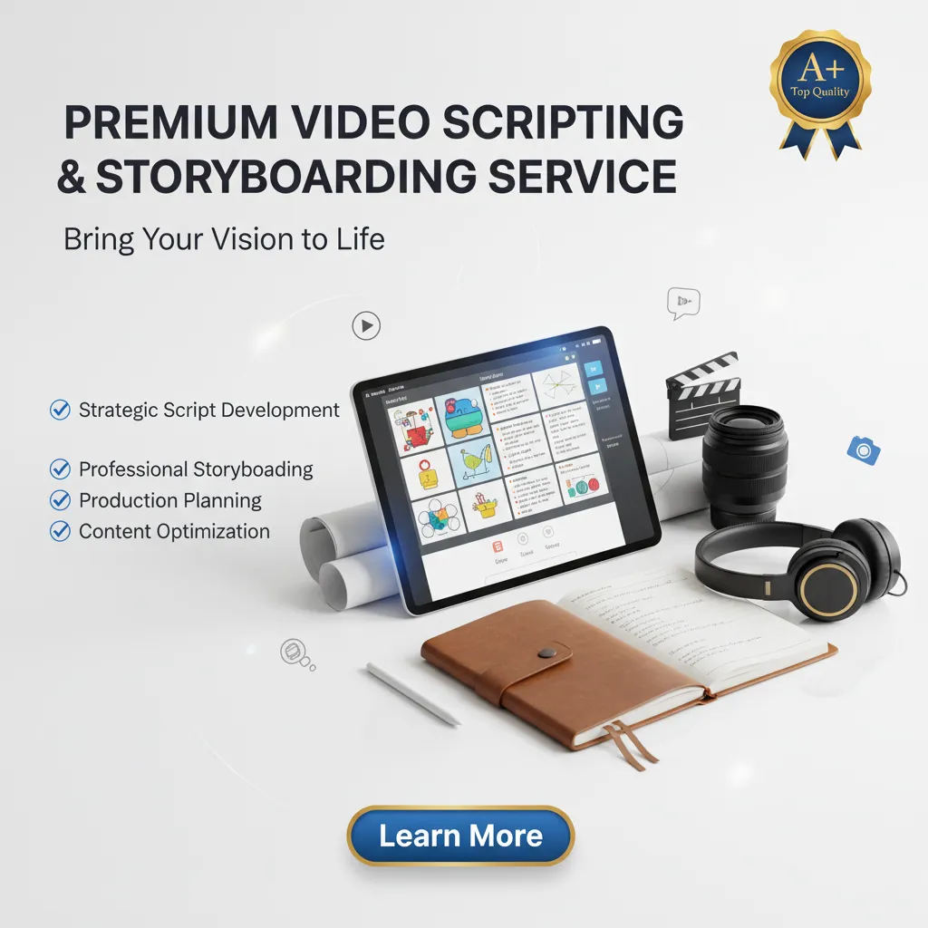 A tablet displays storyboarding software, surrounded by video tools—a clapperboard, camera lens, headphones, and film reel. Text promotes our Video Scripting & Storyboarding service, with a "Learn More" button below.