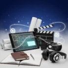 A tablet displays diagrams and is surrounded by video production tools and digital icons against a blue gradient, visually representing the Video Scripting & Storyboarding product for creative media projects.
