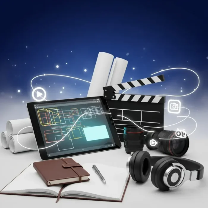 A tablet displays diagrams and is surrounded by video production tools and digital icons against a blue gradient, visually representing the Video Scripting & Storyboarding product for creative media projects.
