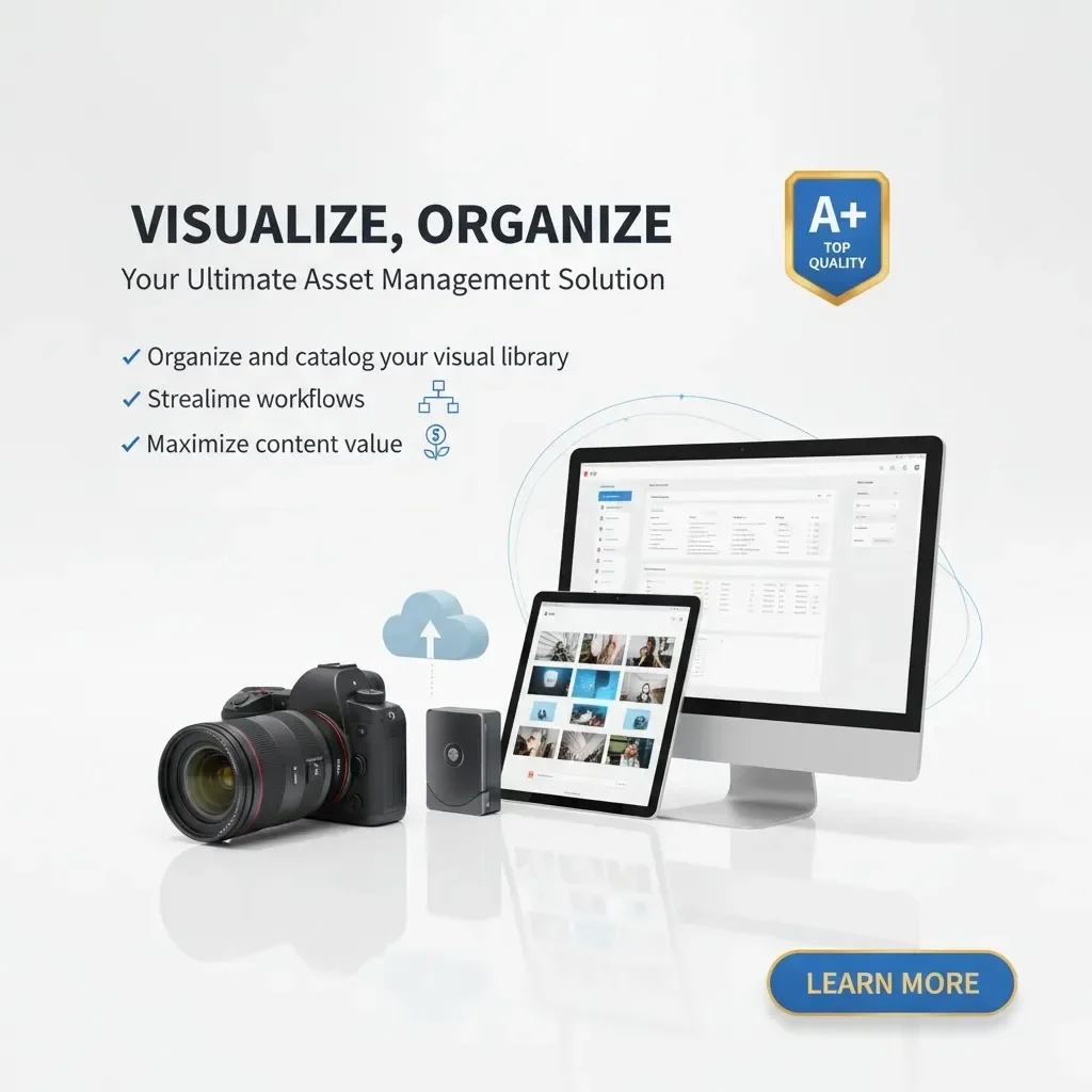 A computer, tablet, camera, and lens sit on a white surface linked by blue lines. Text: "Visual Asset Management—Your Ultimate Solution," with checkmarks for organization, workflow, and content value. A "Learn More" button appears.