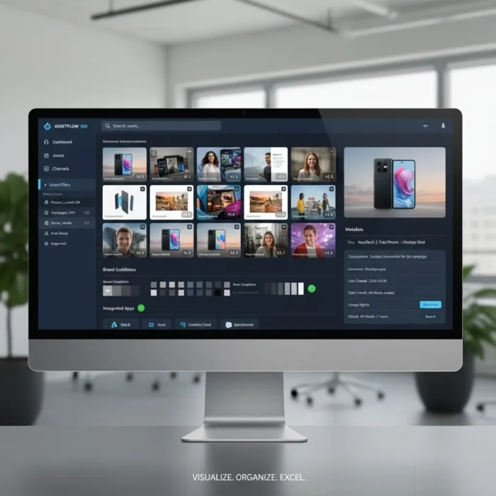 A desktop monitor displays Visual Asset Management's dark-themed dashboard with media thumbnails, product images, user profiles, navigation menus, a search bar, and smartphone info. The office background is blurred for focus on the interface.