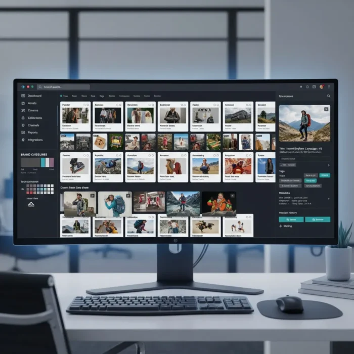 A widescreen monitor on a modern desk displays Visual Asset Management software with travel and adventure image thumbnails, photo details, and editing options on the right. The office background is blurred with a keyboard and mouse on the desk.