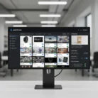 A computer monitor in a modern office shows the Visual Asset Management dashboard with file thumbnails—products, people, documents—plus navigation menus and a metadata panel on the right.
