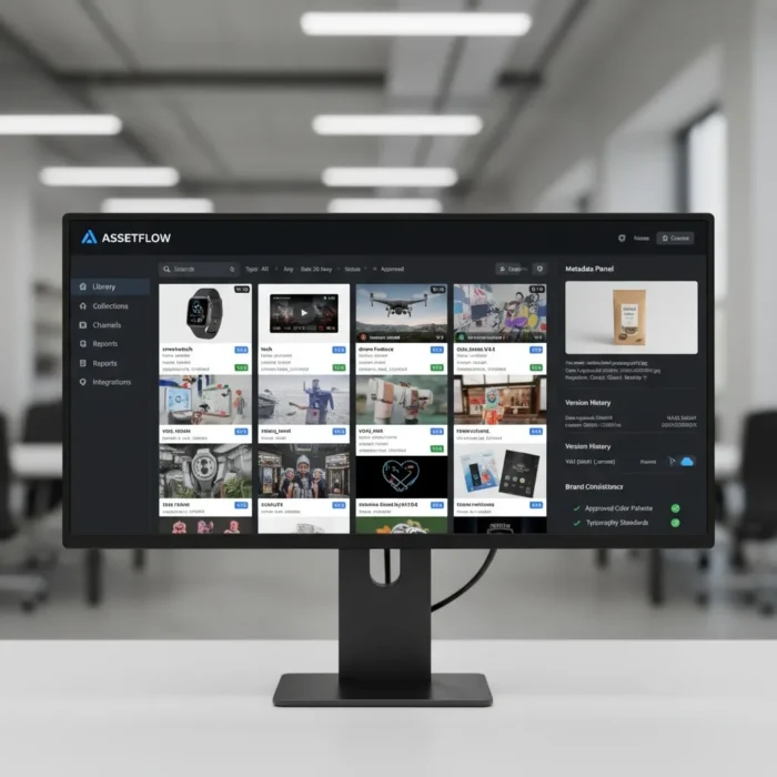 A computer monitor in a modern office shows the Visual Asset Management dashboard with file thumbnails—products, people, documents—plus navigation menus and a metadata panel on the right.