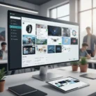 A sleek office shows a large desktop monitor with the Visual Asset Management dashboard displaying images, files, and metadata. A tablet on the desk mirrors the screen, while two potted plants and blurred people add a modern touch.