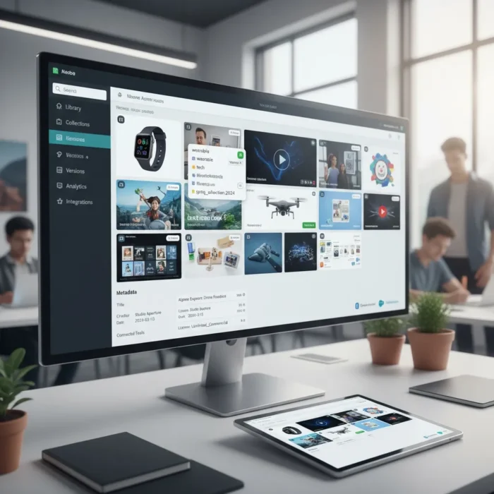 A sleek office shows a large desktop monitor with the Visual Asset Management dashboard displaying images, files, and metadata. A tablet on the desk mirrors the screen, while two potted plants and blurred people add a modern touch.