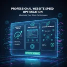 A futuristic interface showcases Website Speed Optimization: Performance Analysis at 100% with a speedometer, Core Optimization with code and settings icons, and Advanced Techniques with security and database icons for powerful results.