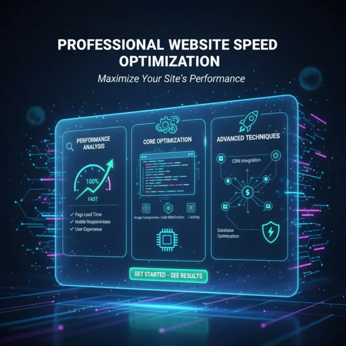 A futuristic interface showcases Website Speed Optimization: Performance Analysis at 100% with a speedometer, Core Optimization with code and settings icons, and Advanced Techniques with security and database icons for powerful results.