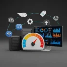 3D illustration of server stacks, a speedometer, and a computer monitor with analytics charts. Floating icons highlight Website Speed Optimization for enhanced technology, performance, and seamless digital experiences.