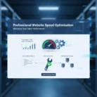A digital graphic titled "Website Speed Optimization" displays a gauge, gears, charts, and servers, illustrating steps such as performance analysis and advanced techniques to boost website performance and minimize load times.