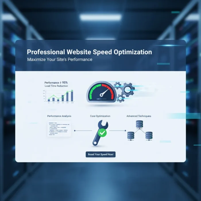 A digital graphic titled "Website Speed Optimization" displays a gauge, gears, charts, and servers, illustrating steps such as performance analysis and advanced techniques to boost website performance and minimize load times.