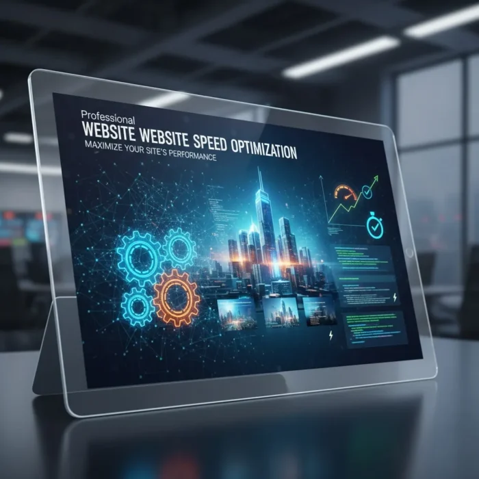 A tablet displays the Website Speed Optimization interface with glowing gears, a futuristic city skyline, graphs, and the text “Professional Website Speed Optimization. Maximize Your Site’s Performance” in a modern office.