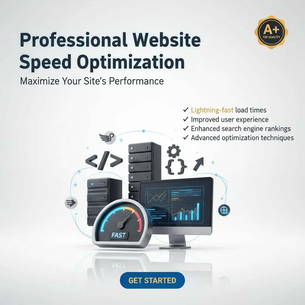 A digital graphic for Website Speed Optimization shows a computer, servers, charts, coding icons, and a speedometer marked "FAST." Text emphasizes faster load times, improved user experience, an A+ badge, and a "Get Started" button.