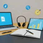 A modern, organized desk setup features a laptop, tablet with bar charts, notebook and pen, headset, plus icons for Blog & Article Writing, search, and targeting—perfect for remote work or study on a neutral background.