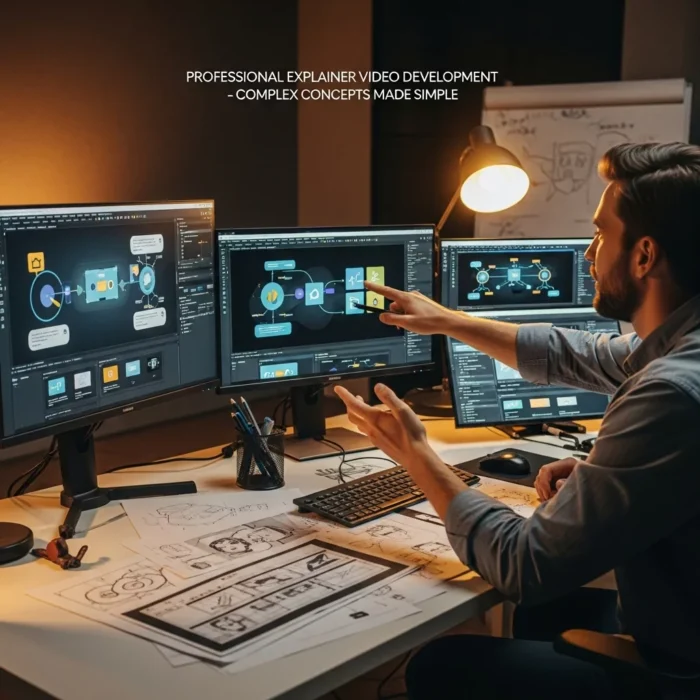 A man sits at a desk lit by lamps, reviewing storyboard sketches on one of three monitors displaying animated diagrams and editing software—ideal for Explainer Video Development that transforms complex ideas into clear visuals.