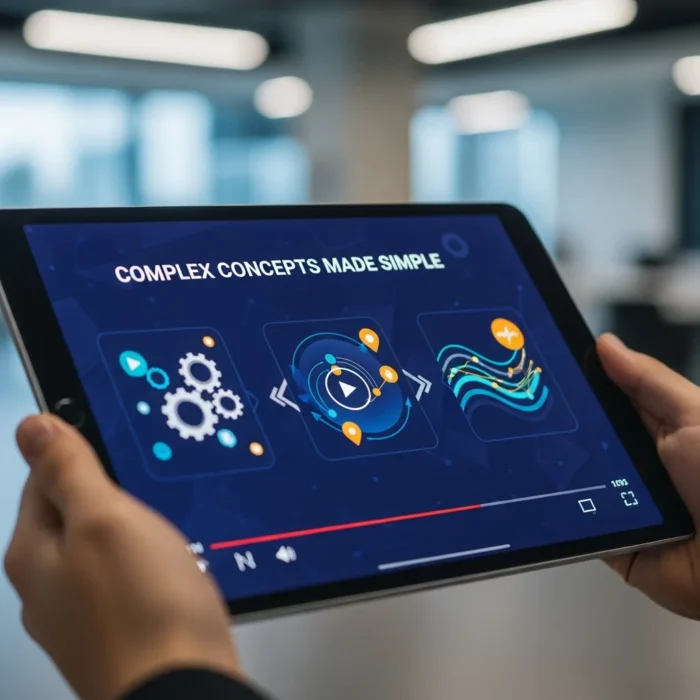 A person holds a tablet showing a paused Explainer Video Development presentation with colorful gear diagrams, networks, and flowing lines on a blue background in a modern office setting.