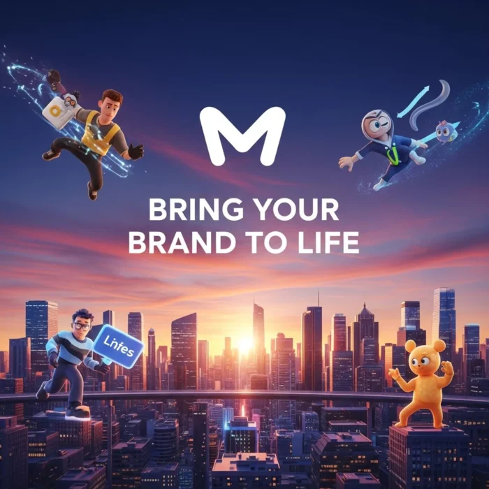 Animated characters—including a superhero and a monkey with a wrench—come alive above a sunset city skyline. Centered text reads “BRING YOUR BRAND TO LIFE” beneath the bold “M” logo for Animation & Motion Graphics.