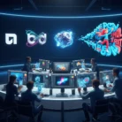 In a high-tech control room, eight people create digital art at curved desks with multiple monitors. Large 3D Animation & Motion Graphics logos glow on the dark wall behind them, symbolizing creativity and innovation.