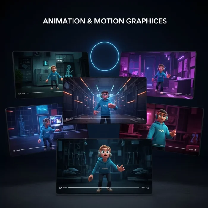 A dark background features six animated frames of a cartoon in a blue hoodie across indoor scenes, with "Animation & Motion Graphics" glowing above a blue circle, showcasing the product's creative motion graphics.